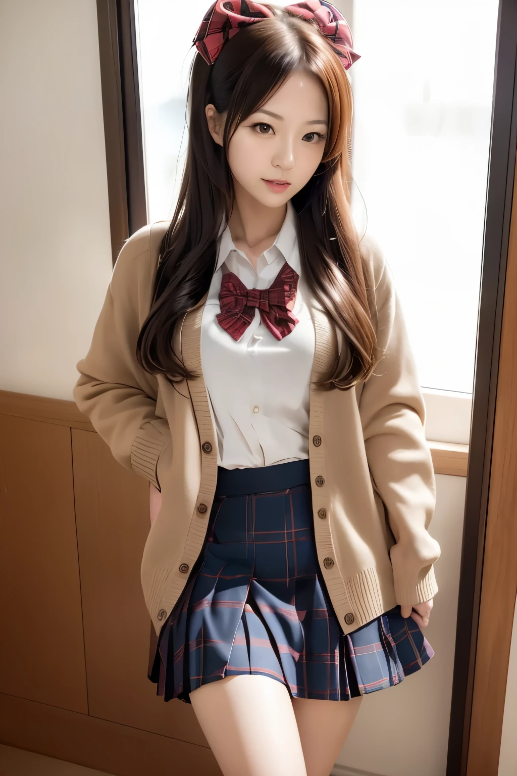 (masterpiece, best quality), 1 woman, Chikaru Minamoto, hair bow, , cardigan, plaid skirt