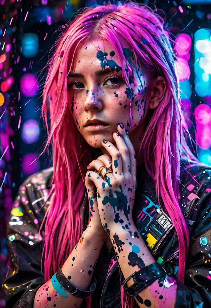 a girl with long pink hair, shaved temple, splattered with cosmic paint, neon lights in background, cyberpunk, direct gaze at viewer, serious expression, slightly aggressive look, hands covering face, covered in cosmic splatter pattern, realistic, photo, portrait, close-up face