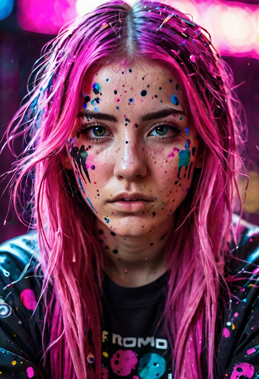 a girl with long pink hair, shaved temple, splattered with cosmic paint, neon lights in background, cyberpunk, direct gaze at viewer, serious expression, slightly aggressive look, hands covering face, covered in cosmic splatter pattern, realistic, photo, portrait, close-up face