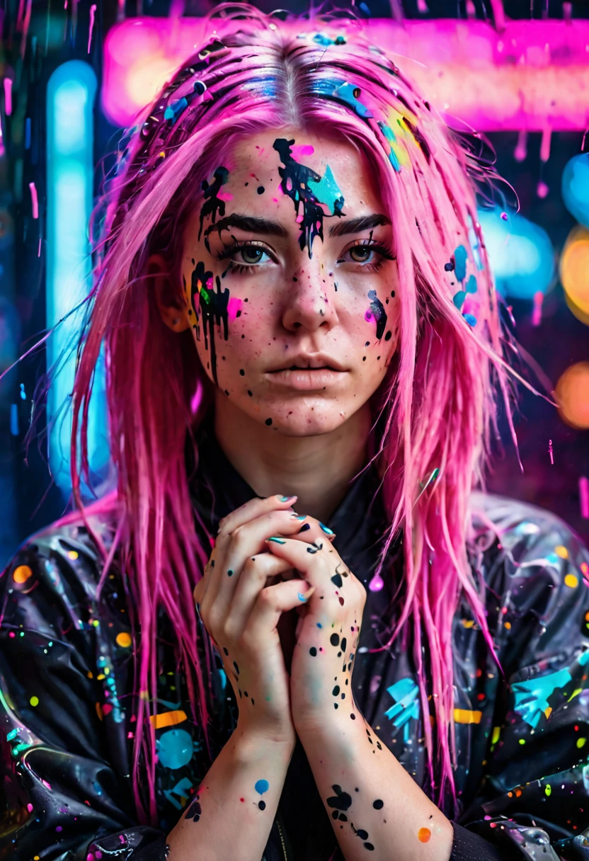 a girl with long pink hair, shaved temple, splattered with cosmic paint, neon lights in background, cyberpunk, direct gaze at viewer, serious expression, slightly aggressive look, hands covering face, covered in cosmic splatter pattern, realistic, photo, portrait, close-up face