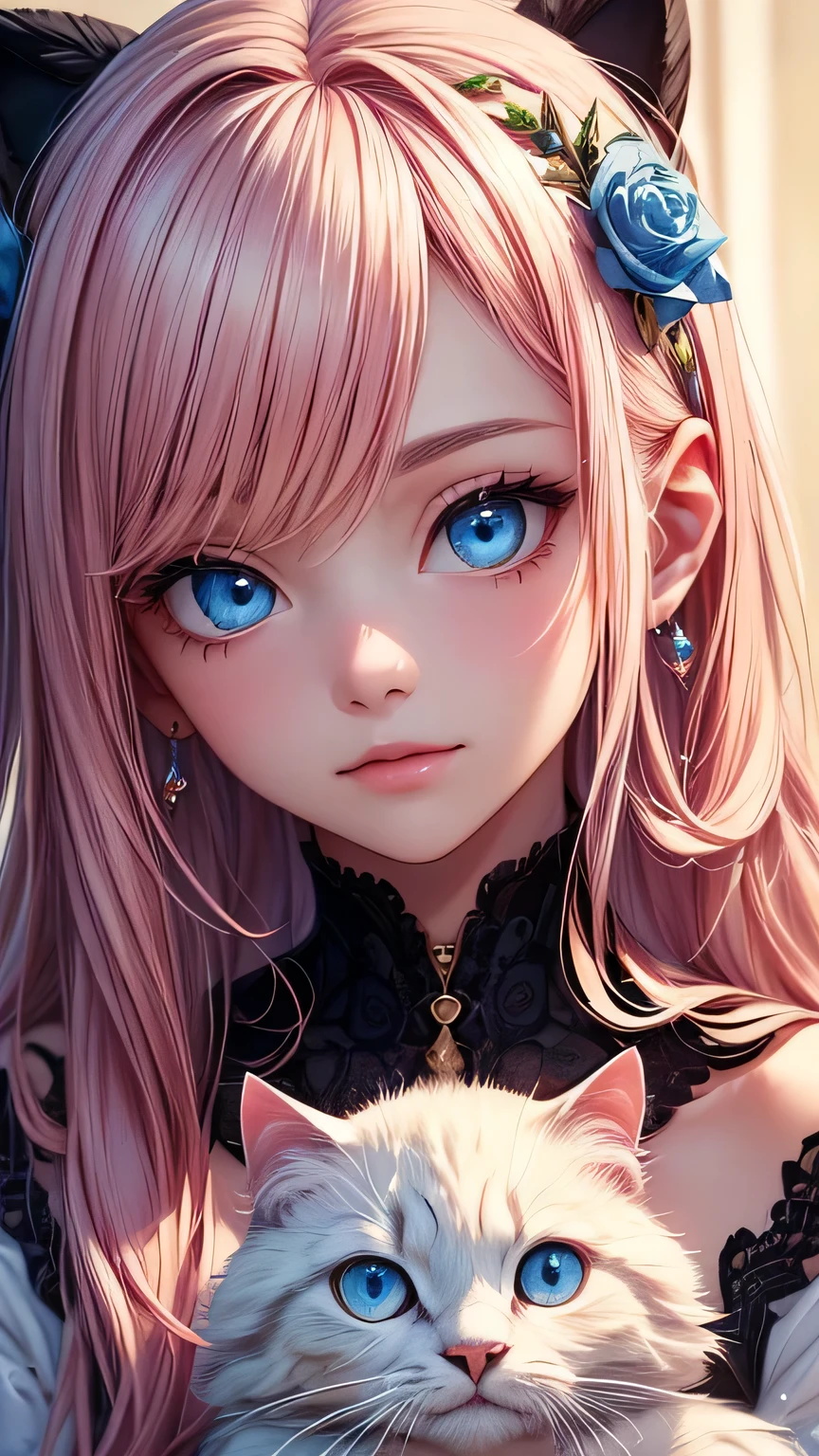 ((Highest quality, 16K, masterpiece: 1.3)), (Very delicate and beautiful face), (Beautiful eyes in every detail),,Girl with cat, White Cat, Pink Hair、blue eyes, Avatar,