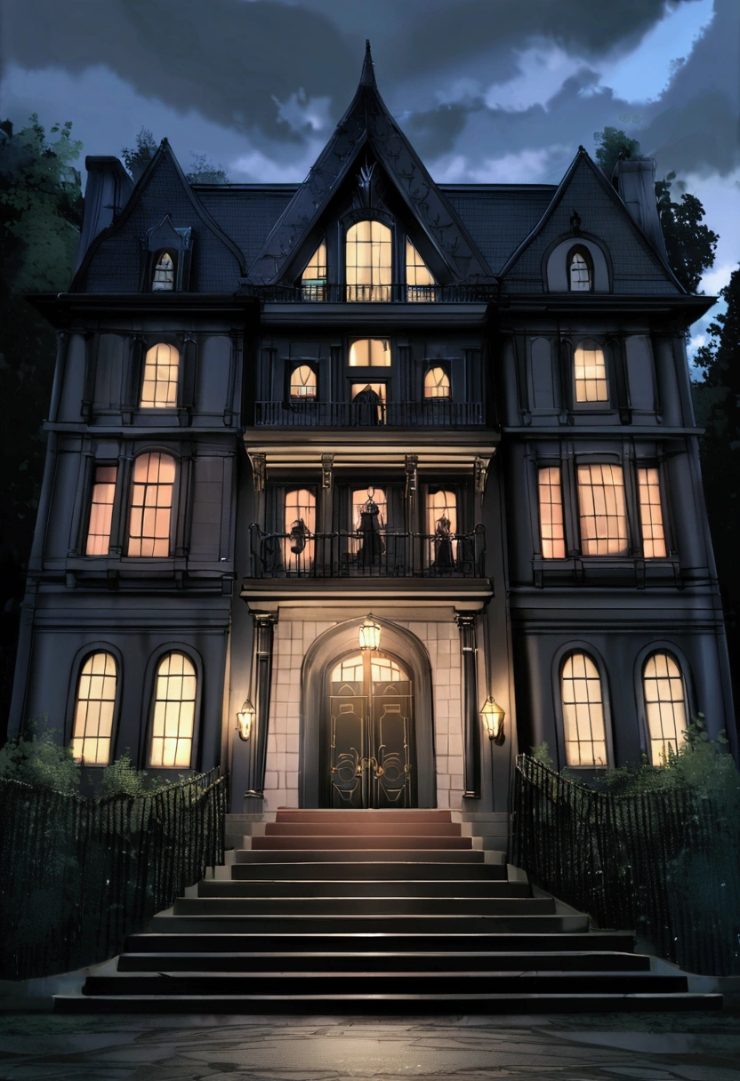 Victorian gothic mansion, entrada de uma mansion gótica, facade, mansion, era vitoriano, アニメ, scenario, scenario de アニメ