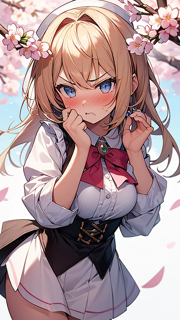 masterpiece,((Highest quality)),8k wallpaper,Precise Representation,((Very detailed explanation)). ((Woman 1)),20-year-old,so beautiful,((Fine facial details)),Perfect Anatomy,Correct Anatomy,Perfect Face,Perfect Arms,,Perfect Fingers,Perfect waist,Perfect Thighs,amount,Beautiful blonde,View your audience,I see the camera flash,Bright Blue Eyes,((anger:1.5)),((Embarrassing 1.1)),((The facial features are also drawn in detail....)),((blush:1.5)),wear a white blouse with a ruffled collar,wearing a purple corset,Maid Cosplay,White mini skirt with white frills,((Raise the hem of a skirt)),((Show off your panties to your audience)),((Showing off her pink lace panties)),White Stockings,((75 degree angle from bottom)),Close-up shot,French Model. The background is a cherry tree,spring,noon,The wind is blowing,Many cherry blossom petals are falling,wonderful.