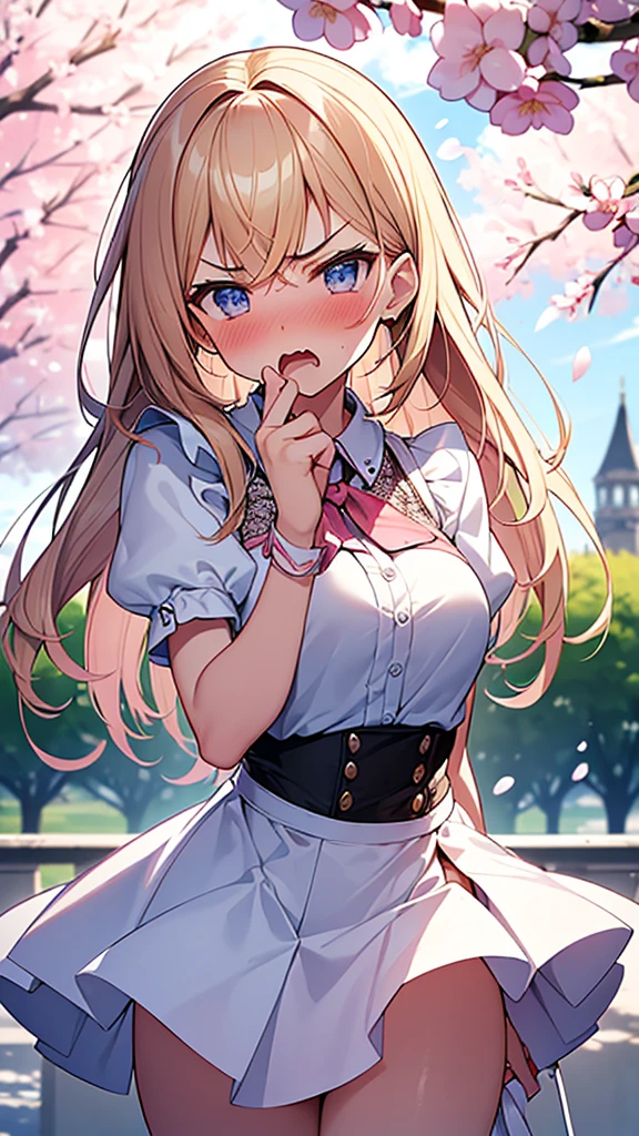 masterpiece,((Highest quality)),8k wallpaper,Precise Representation,((Very detailed explanation)). ((Woman 1)),20-year-old,so beautiful,((Fine facial details)),Perfect Anatomy,Correct Anatomy,Perfect Face,Perfect Arms,,Perfect Fingers,Perfect waist,Perfect Thighs,amount,Beautiful blonde,View your audience,I see the camera flash,Bright Blue Eyes,((anger:1.5)),((Embarrassing 1.1)),((The facial features are also drawn in detail....)),((blush:1.5)),wear a white blouse with a ruffled collar,wearing a purple corset,Maid Cosplay,White mini skirt with white frills,((Raise the hem of a skirt)),((Show off your panties to your audience)),((Showing off her pink lace panties)),White Stockings,((75 degree angle from bottom)),Close-up shot,French Model. The background is a cherry tree,spring,noon,The wind is blowing,Many cherry blossom petals are falling,wonderful.