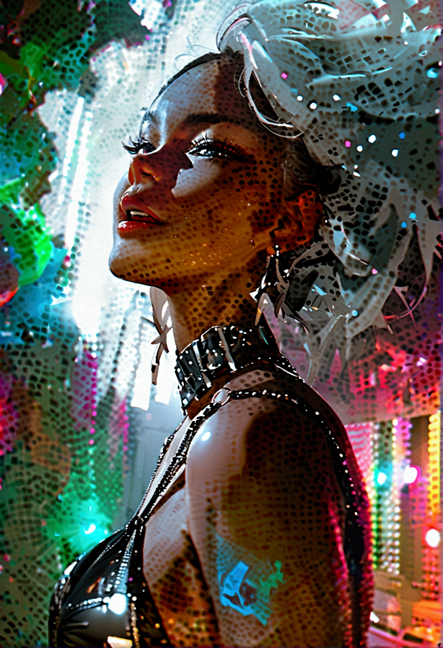 Highest quality,masterpiece,Hard rock band vocalist,Dark silver hair,Live Stage,Radical Slingshot Swimsuit,Small live music venue,Back view, beautiful African American woman.