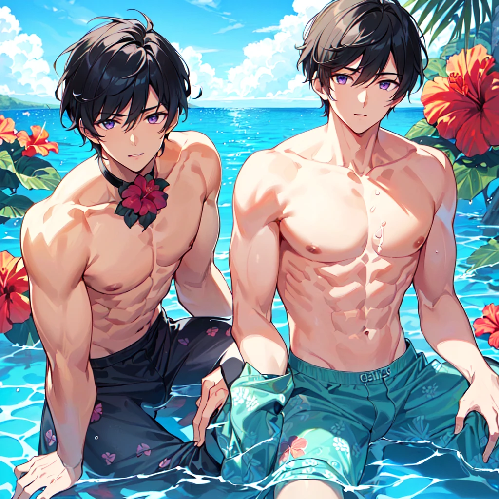 masterpiece,best quality,high quality,extremely detailed,(2male austere handsome one two adult age 30 years old:1.5),(purple eyes, cool with suspended eyes), body strong and fearless 8.5 head tall and 185cm tall,(well-groomed black hair short hair to neck:1.4), (bangs parted in thirds:1.4), (pectoral and rectus abdominis muscles:1.3), slender nose, facial muscles, (boxer sea water pants with hibiscus print:1.3), (sitting underwater:1.3), (stylish pose), (background tropical sea:1.3 ) , (Blue Sky: 1.3), (upper body:1.3)