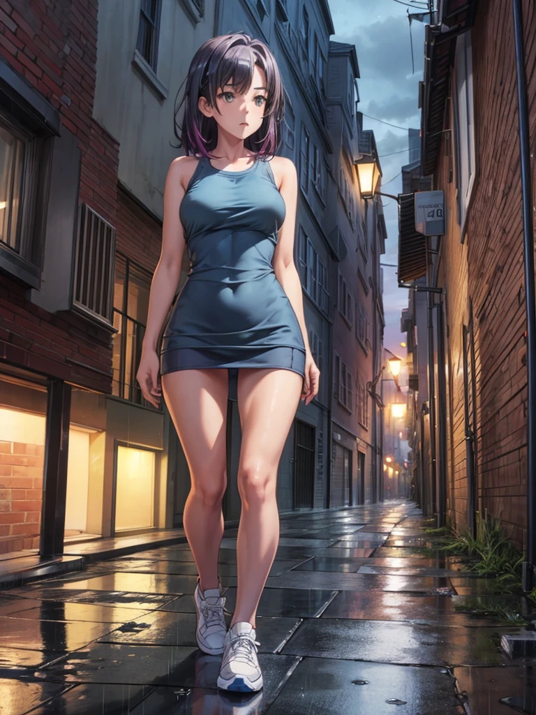 Girl, blue short tight dress , Bare breasts, chest visible, street background, Narrow passage between houses, night, rain, slim body, In full growth, Sneakers,