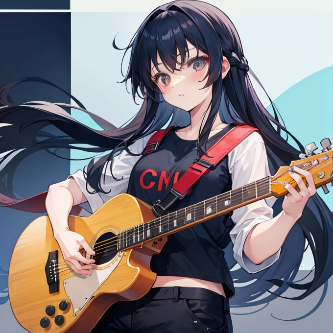 Long navy hair,cargo pants,Fufu has a very cute face,It's a cute girl,Playing guitar