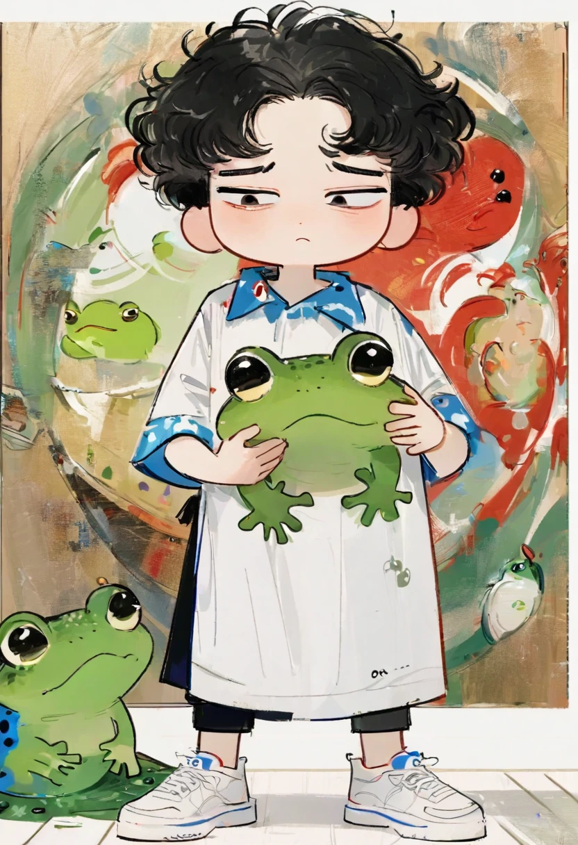 (work of art, best qualityer:1.2), Cartoon character design。1 boy holding a frog, standing alone，short curly hair, Bblack hair, eyes large，Bad expression，1 hair tie，toad shirt，apron，White sneakers，stare，exciting，exciting，linhas limpas