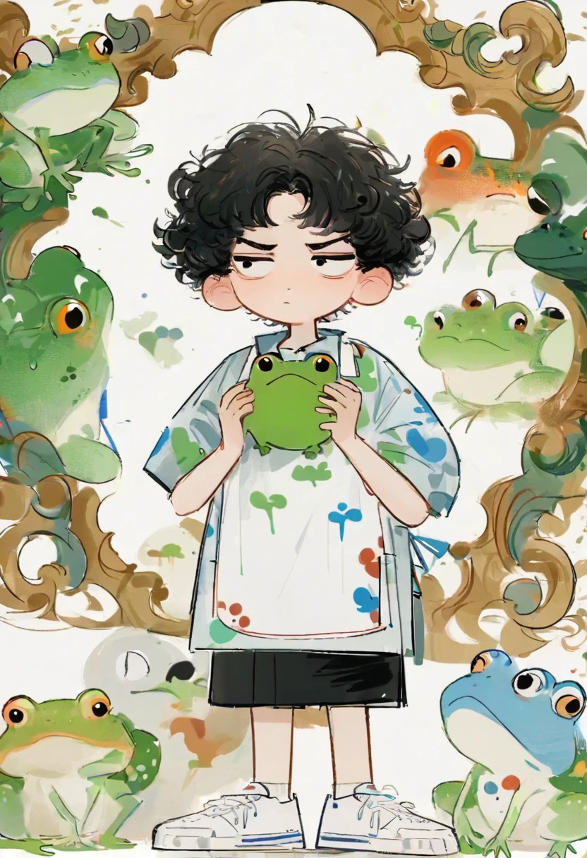 (work of art, best qualityer:1.2), Cartoon character design。1 boy holding a frog, standing alone,short curly hair, Bblack hair, eyes large,Bad expression,1 hair tie,toad shirt,apron,White sneakers,stare,exciting,exciting,linhas limpas