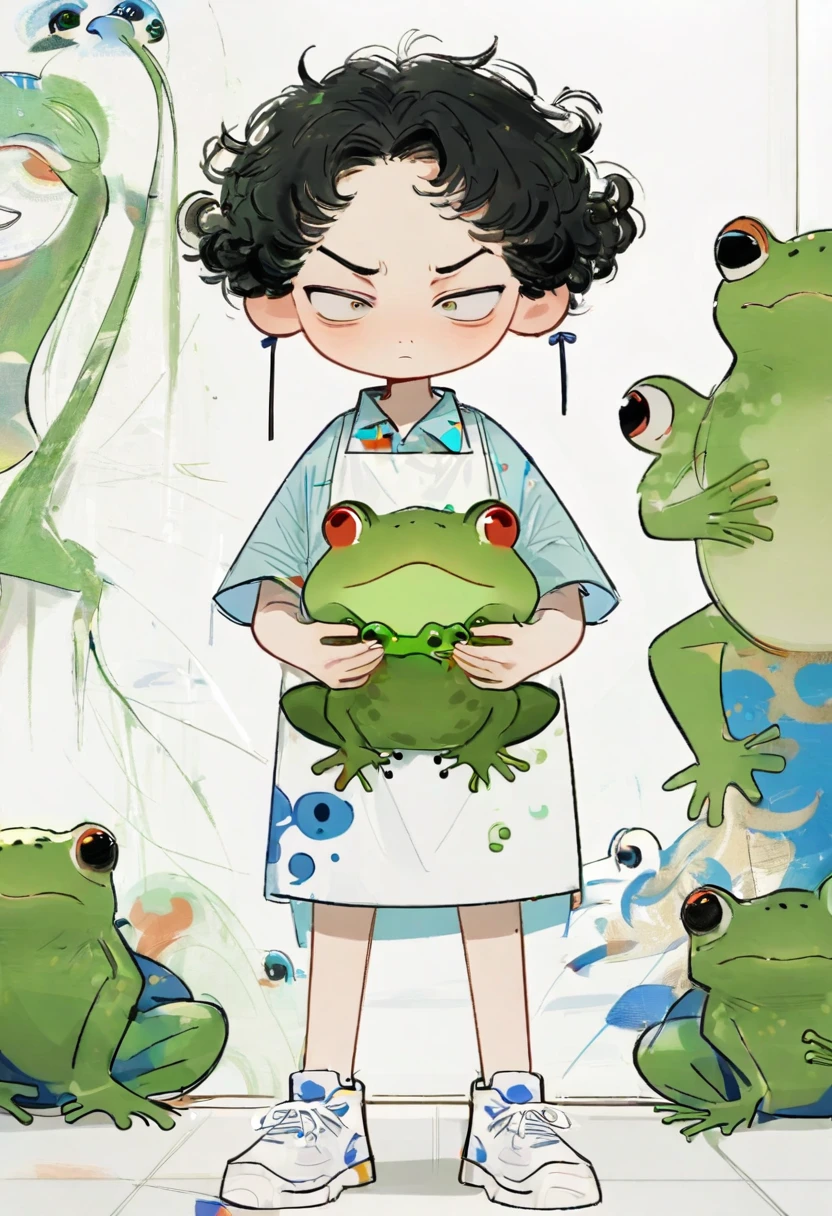 (work of art, best qualityer:1.2), Cartoon character design。1 boy holding a frog, standing alone,short curly hair, Bblack hair, eyes large,Bad expression,1 hair tie,toad shirt,apron,White sneakers,stare,exciting,exciting,linhas limpas