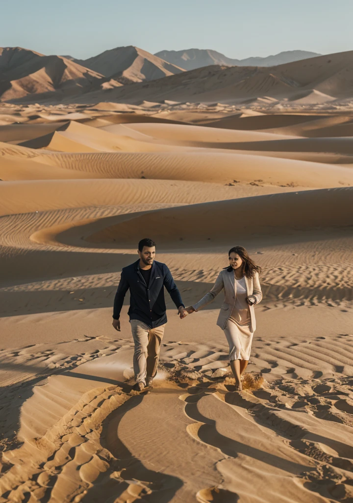 A man and a woman appear, trudging through the sand.