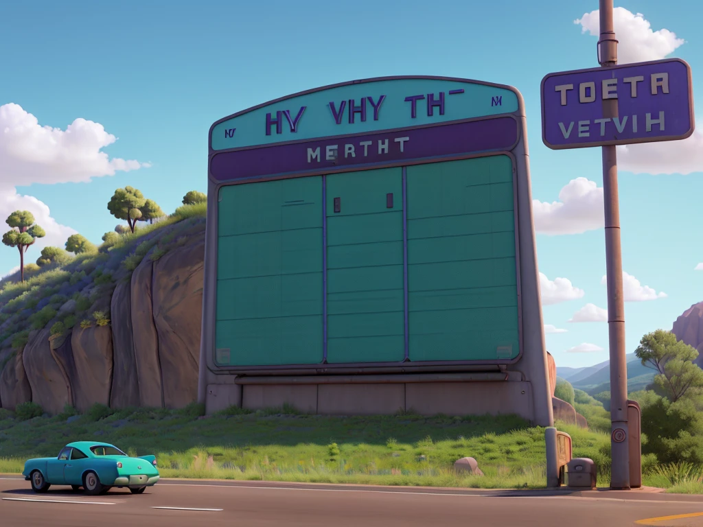Image in aspect ratio 4:3; Highway scenery; blue and lilac sky; green vegetation; Route 66 sign on the side of the highway; gray highway; radiator springs pixar style; qualidade hd; photo angle taken 150cm from the ground ; High definition; Cactos