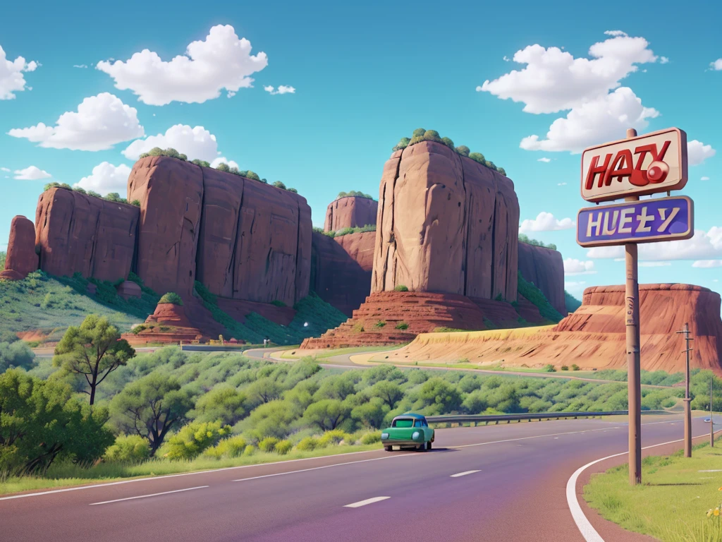 Image in aspect ratio 4:3; Highway scenery; blue and lilac sky; green vegetation; Route 66 sign on the side of the highway; gray highway; radiator springs pixar style; qualidade hd; photo angle taken 150cm from the ground ; High definition; Cactos