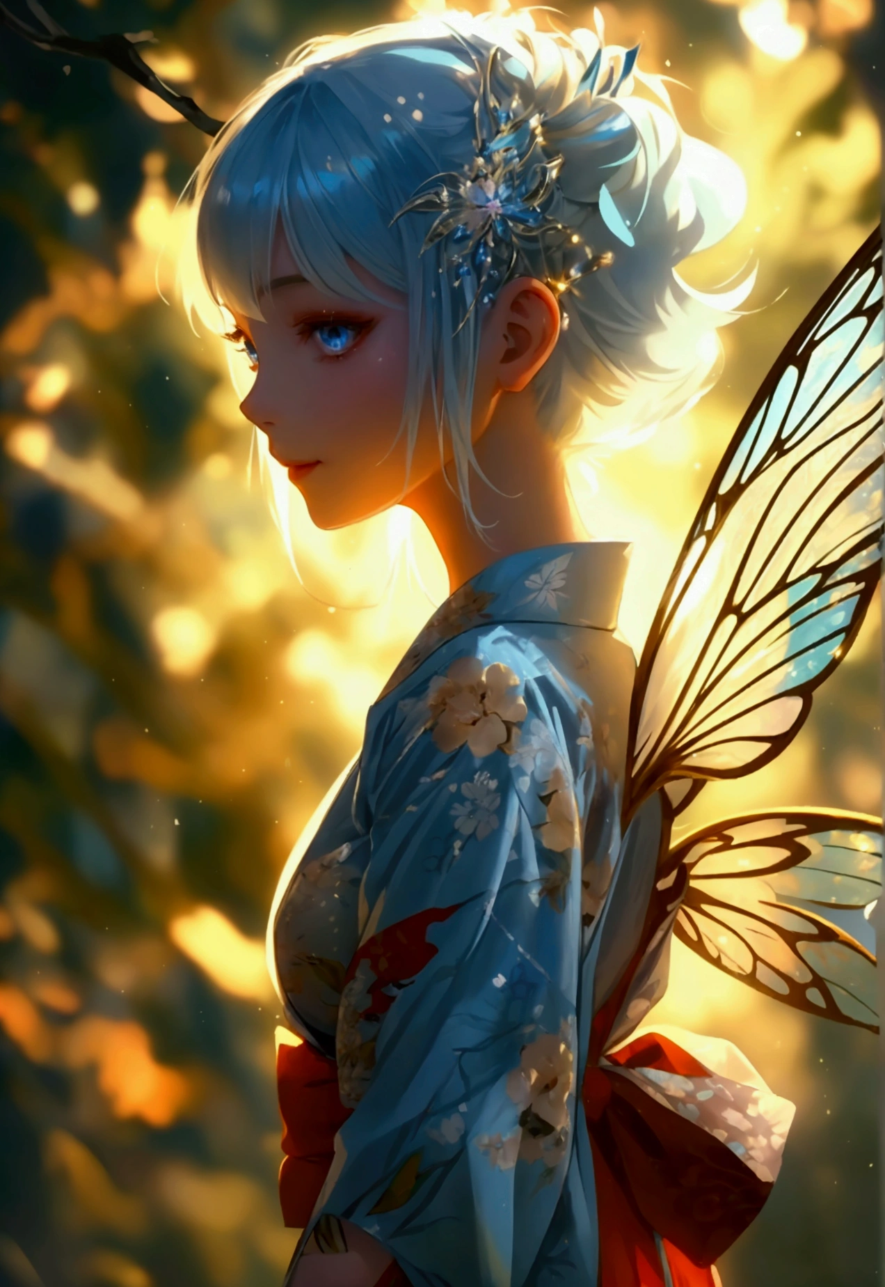 A mysterious, anime-style scene featuring a beautiful woman with silver hair and a fairy-like appearance. She has delicate wings on her back and stands in a glowing forest, wearing a floral-patterned, sexy yukata. She has a cute smile, delicate skin, and exotic facial features with blue eyes. Her beautiful legs are highlighted, and she has a sparkling hair accessory.

