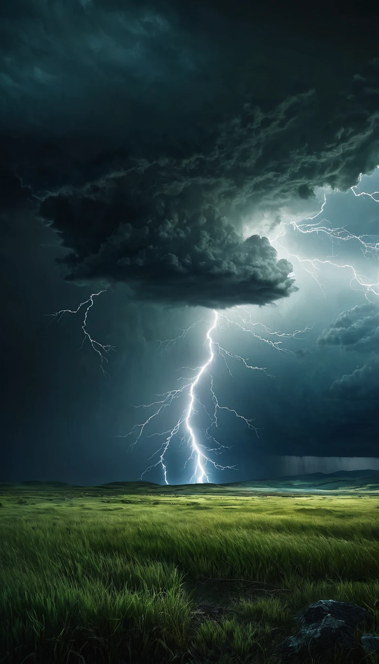 Dark fantasy world view.Severe storm.grassland.god々The storm subsides with a bright light.