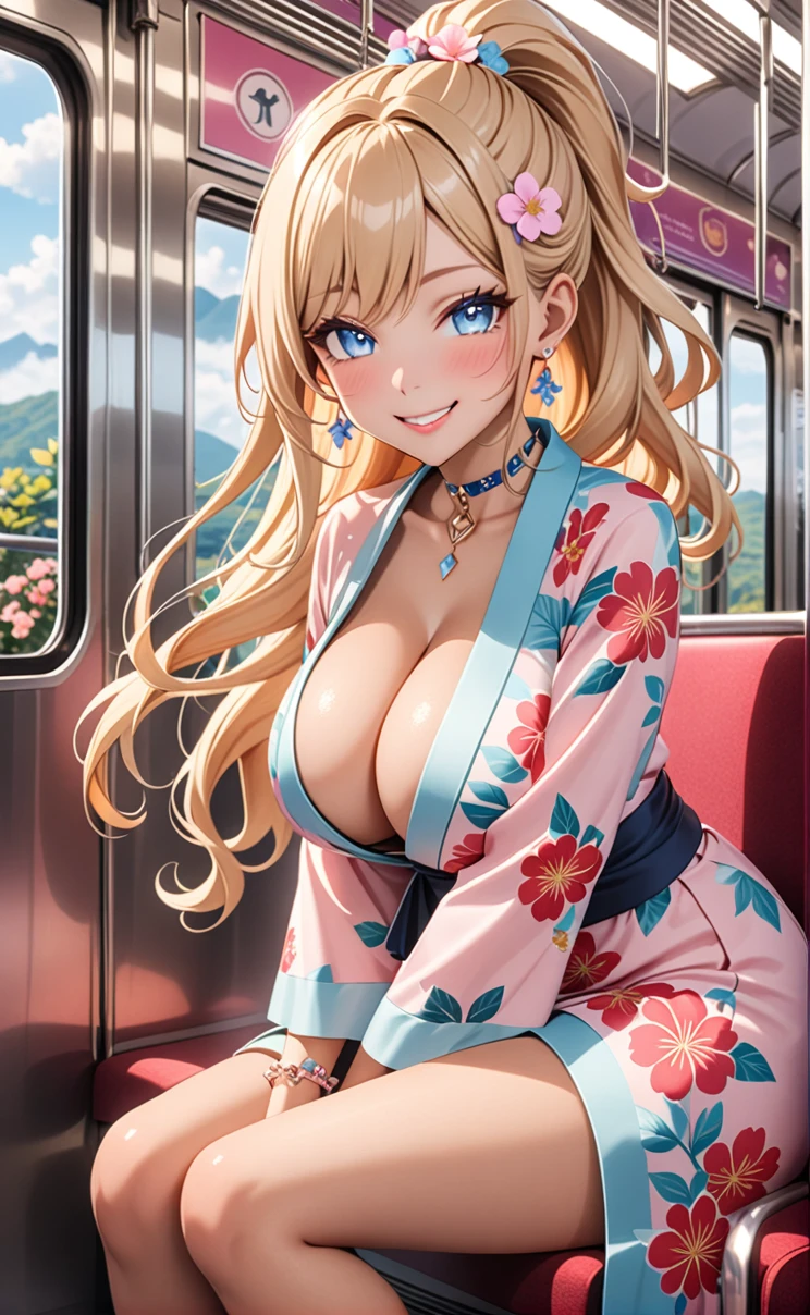 ultra-detailed, ((one girl)), in pastel colors gyaru, (heavy makeup),  hyper detailed, absurdres, 8K, Beautiful Face, (Laugh shyly), ((teasing smile:1.8)), ((Wink:1.5)), (Laugh with your mouth wide open),((Tilt your face:1.6)), View your viewers, ((full-face blushed:1.6)),Glossy Red Lips, (tan skin:1.5), ((Big Breasts:1.5)), ((show off breast)), ((undressing)),  noon, on the train, (Brighten your face), ((Anime style background)),masterpiece, Highest quality, so beautiful,Latest, Complex details, (Pink long nails), (nail art), (ring),(bracelet), (Floral Choker),AI-generated, Complex,High resolution, Highest quality, super high quality,3D Images、3D Images,One person, (Blonde long hair), (High Ponytail), (wavy hair:1.3), Pastel anime woman posing for a photo, ((Fine grain、blue eyes、glowing eyes:1.4)), (Squint your eyes:1.1),a hyperRealistic , hyperRealistic , Realistic,Long blonde anime woman, Smooth anime CG art, A girl in a gorgeous pastel-colored kimono, ((Pastel colored long sleeve kimono)),(Pink large floral pattern), Long flower hair ornament,Floral Earrings,Mature Body, tall, Tight waist,((Sit in the seat)), ((leaning forward:1.6)),  ((hand between legs:1.5)), (from side), 