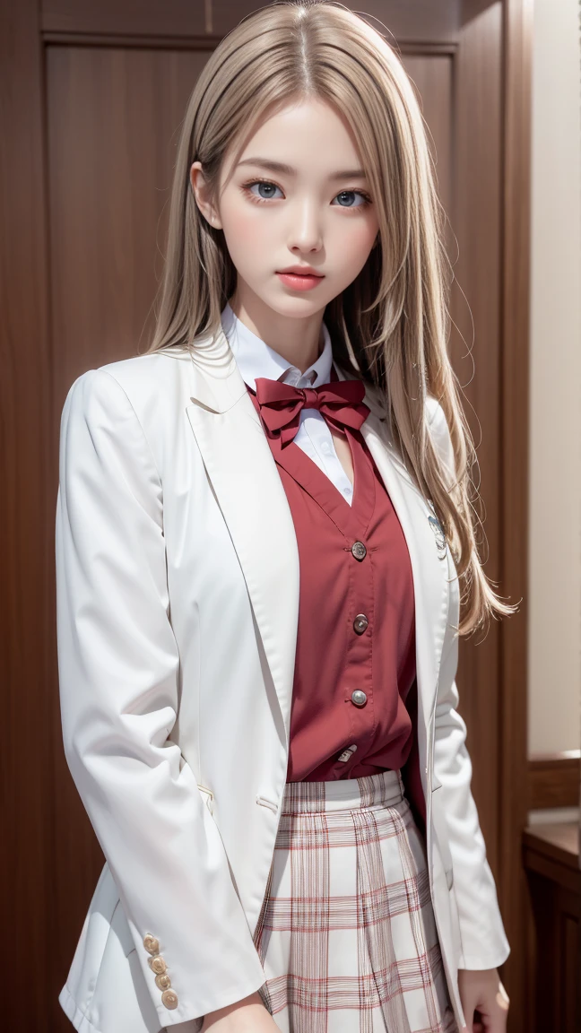 최고 품질의 Work，actual work，Ultra-premium graphics，8K HD CG 작동，High-quality graphics，고화질 CG Work，10x Pixel，very fine details：1.1，Advanced technical details：1.1 realistic，(階段に足を組んで座っているgirl)natural light：1.5. lighting effects（virtual lighting effects：1.8），濡れた長いsilver hair，silver hair，transparent hair，Hair that pays attention to detail（Premium hair details：1.1）clear eyes，Your double eyelids are pretty，Sharp eye makeup, Delicate eyelash makeup, thin eyebrows, very detailed eyes，high nose, I like red lips, Rose cheeks, A face with delicate makeup , Cute face, perfectly balanced face,（Advanced facial details：1.1），shining，very coolドレス，bright red series，((front open wet white blazer)) 、(Translucent wet white blouse)、(red bowtie)、(wet check skirt)、、girl 、Photo shoot，female&#39;Work，full body portrait，realism，very cool，My eyes are sparkling again today、(8. she&#39;It&#39;s wet)),(sudden rain、wind),(windでスカートが舞い上がる),(I can see your pants)、