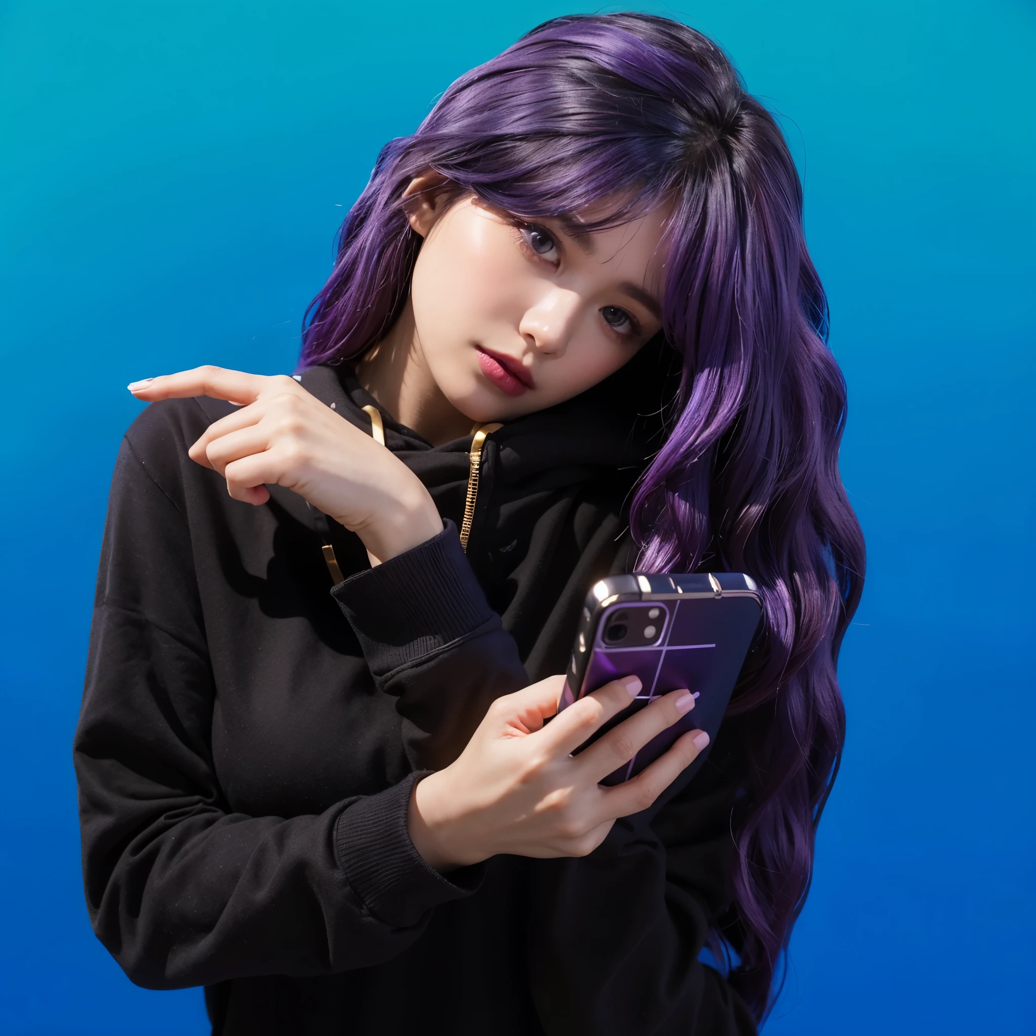 purple hair purple hair purple hair purple hair purple hair purple hair purple hair purple hair purple hair purple hair The image features a young woman with striking purple hair, wearing a cozy blue hoodie. She's engaged in using her smartphone, which she holds with a focused intensity. Her makeup is dramatic, featuring dark purple lipstick that complements her vibrant hair. The simplicity of her attire contrasts with her vivid hair and makeup, adding an intriguing layer to her appearance. The blue background complements her outfit, enhancing the overall cool tone of the image. The overall composition of the image is both eye-catching and charming, effectively conveying a sense of joy and creativity.ffects render, (glossy plastic texture with multiple big light probe refractions), perfect cgi, smooth silhouette, high intensity refraction, (super glossy plastic material), most beautiful vfx, , realistic, 4k, high resolution, rim light, smooth 3d model, multiple light sources, rim light, sharp post effects render,, realistic, 4k, high resolution, rim light detailed digital art, reflective, best quality, 4k, masterpiece:1.2, ultra-detailed, realistic, vivid colors, The image of the highest quality, ensuring every detail showcased perfectly. It in 4k resolution, allowing viewers to immerse themselves in the richness of the colors and intricate details. The realistic rendering. under the spotlight, reflecting, high-resolution image, realistic rendering