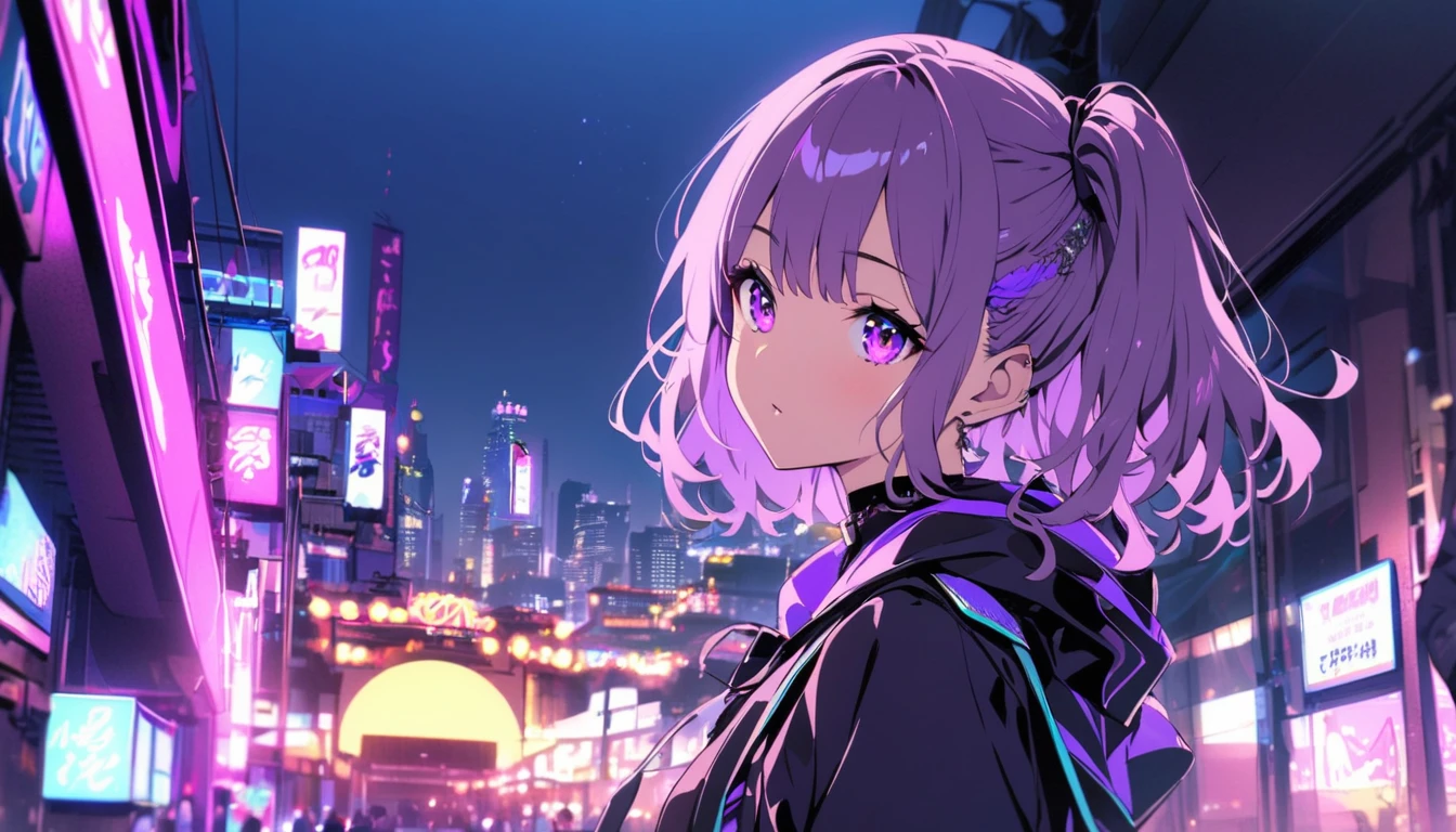 girl, 1 person, Night view, purple, Neon feel