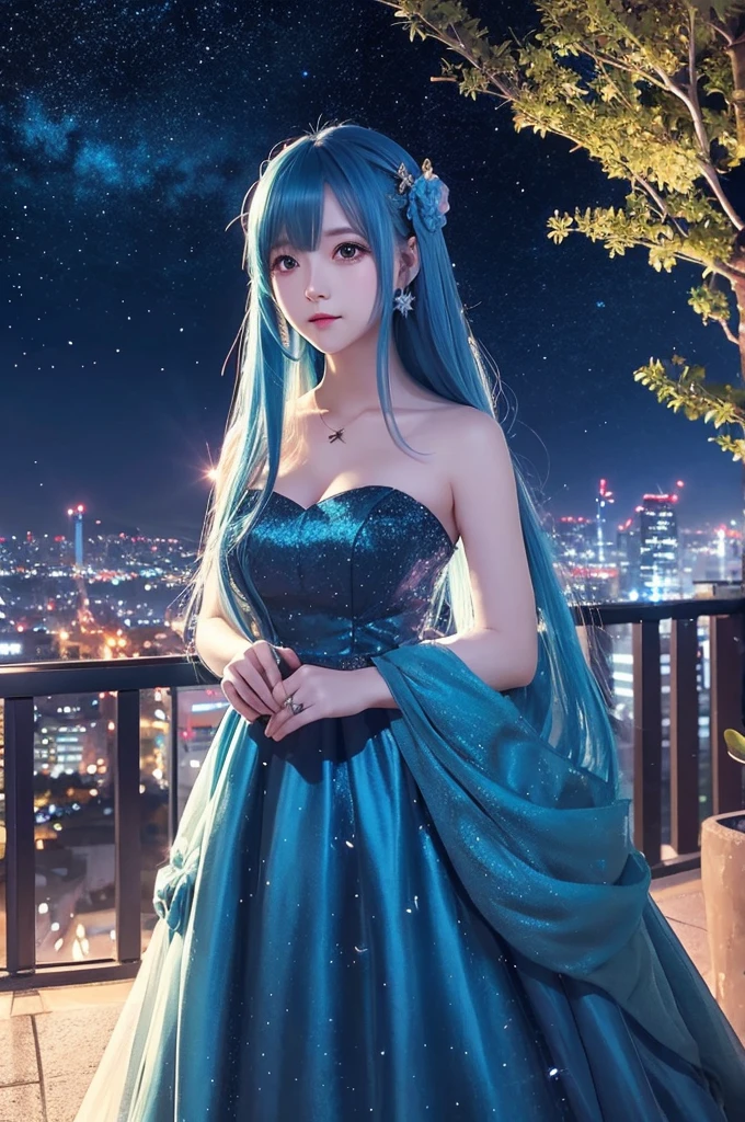 Blue haired girl character、Night scene with starry sky background、Wearing a gorgeous dress、Subtle details、A fantastic atmosphere、Anime style