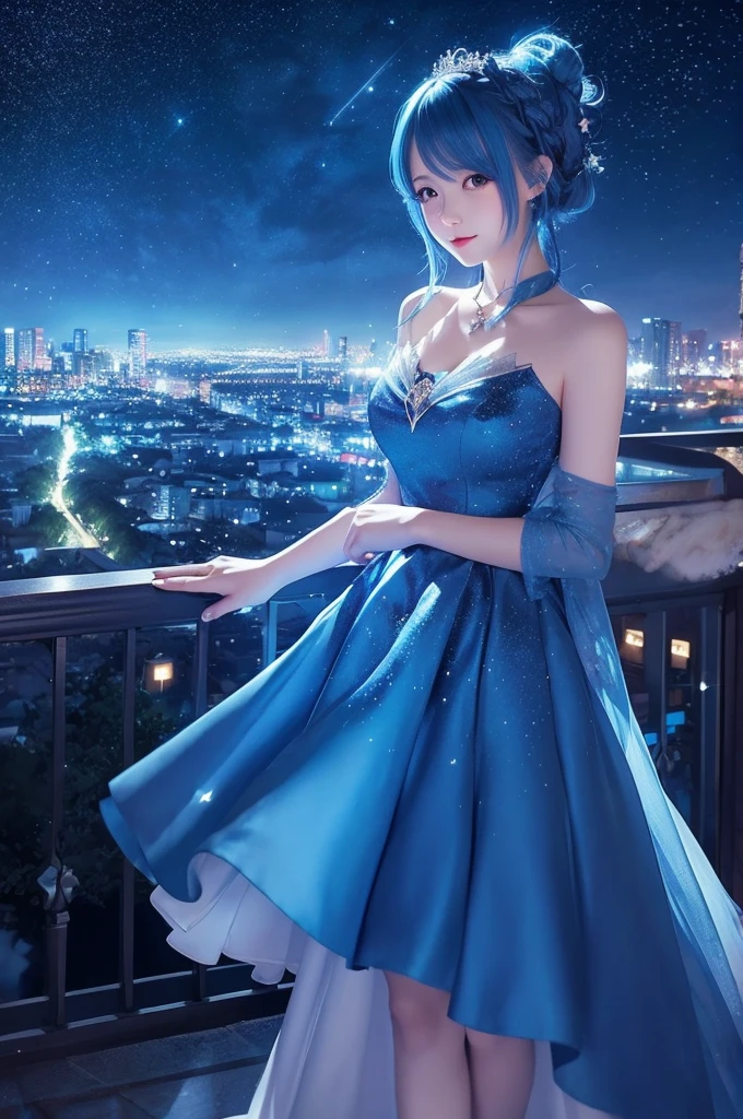 Blue haired girl character、Night scene with starry sky background、Wearing a gorgeous dress、Subtle details、A fantastic atmosphere、Anime style