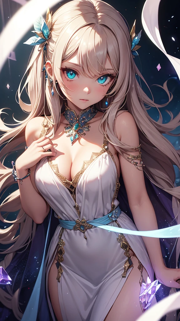 One Girl, Long Hair, Light Hair Color, Captivating eyes, Mysterious look, Mature Appearance, Attractive dress, loose fitting dress, Elegant Jewelry, Elaborate decoration, Magic symbols, Glowing Accessories, part, scroll, Cute accent,ribbon, Magical Effects, Crystal Jade, Particles of light, Rubik&#39;square,