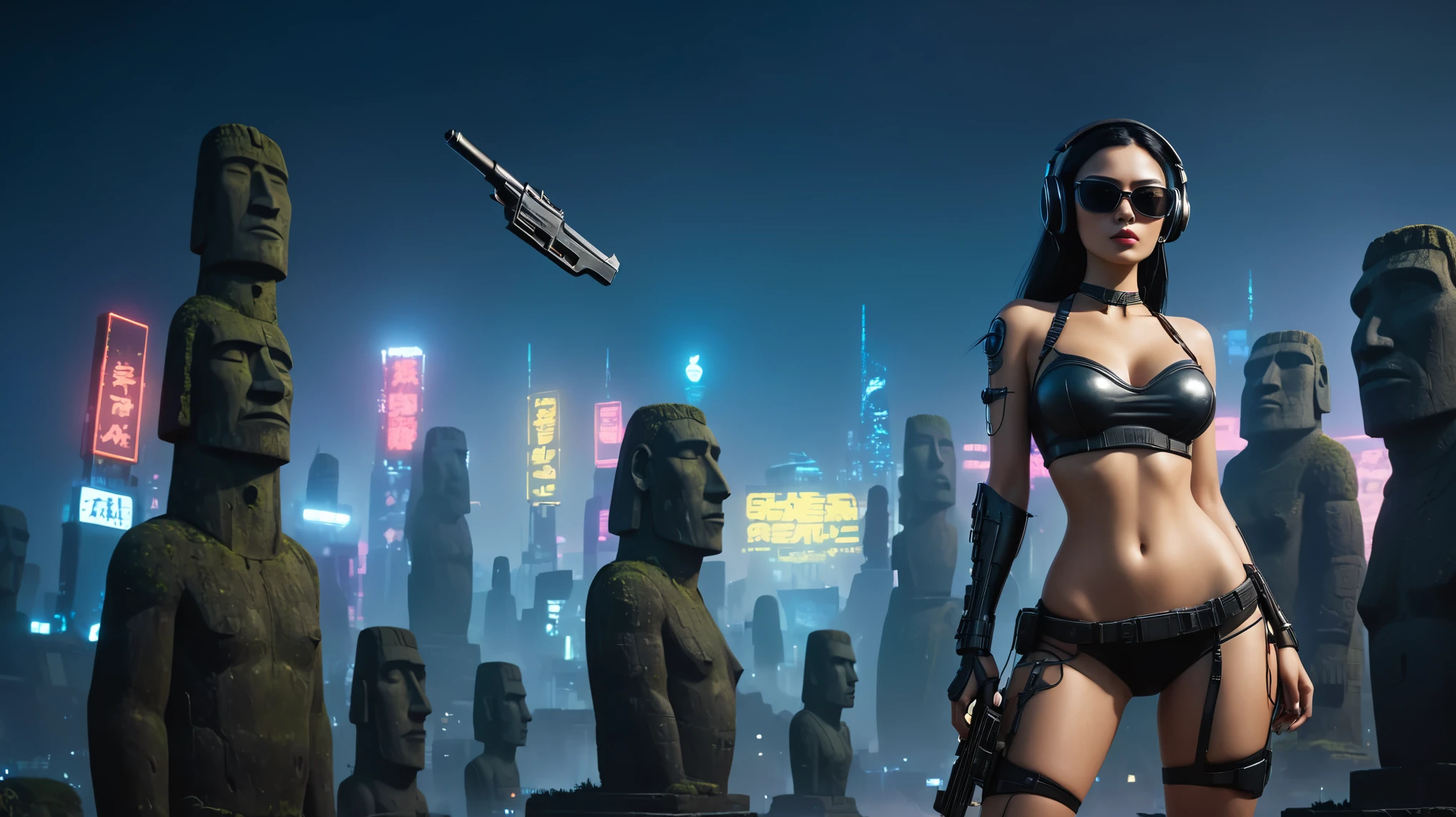 At night, dark sky, distant shot aerial view of fantasy cyberpunk style ((Moai-statue)) city, ((flying vehicle)). ((1girl, solo, alone)), medium-breast:1.1 slim body, cleavage, sexy clothes, (headphone, black sunglasses, long black realistic hair), (((hip-up standing and holding pistol))), half-body thigh level medium shot, cinematic lighting.