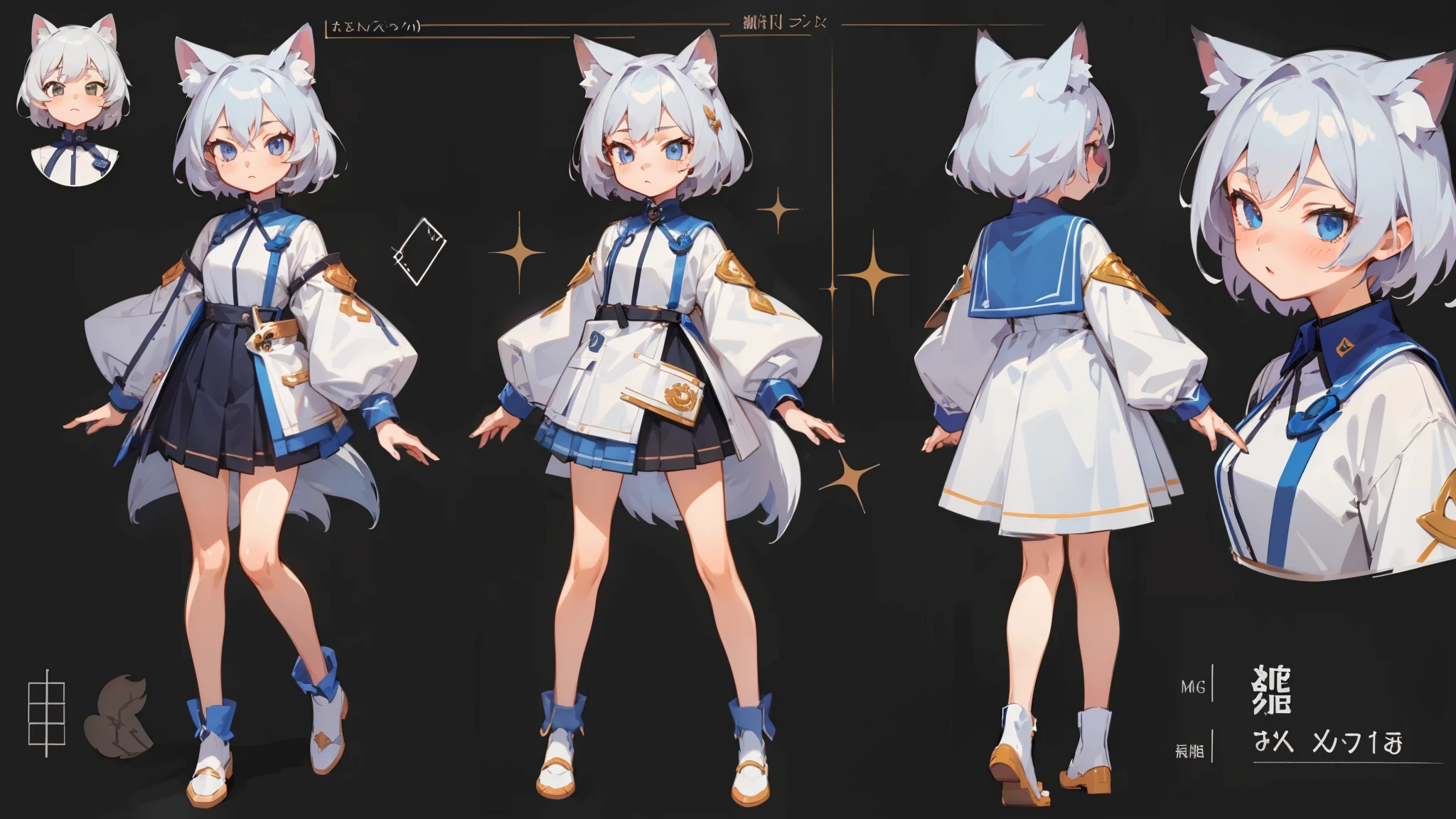 ((masterpiece, Highest quality)), ((tsurime)),Detailed face, Character Sheet, Full Body Lesbian, One girl,show,Full of details, Various poses and expressions, Very detailed, depth, A graceful wild fox girl with mostly silver hair, Sparkling eyes, Delicate skin, 青い髪のYouTuberCharacter Sheet, whole body, sexy