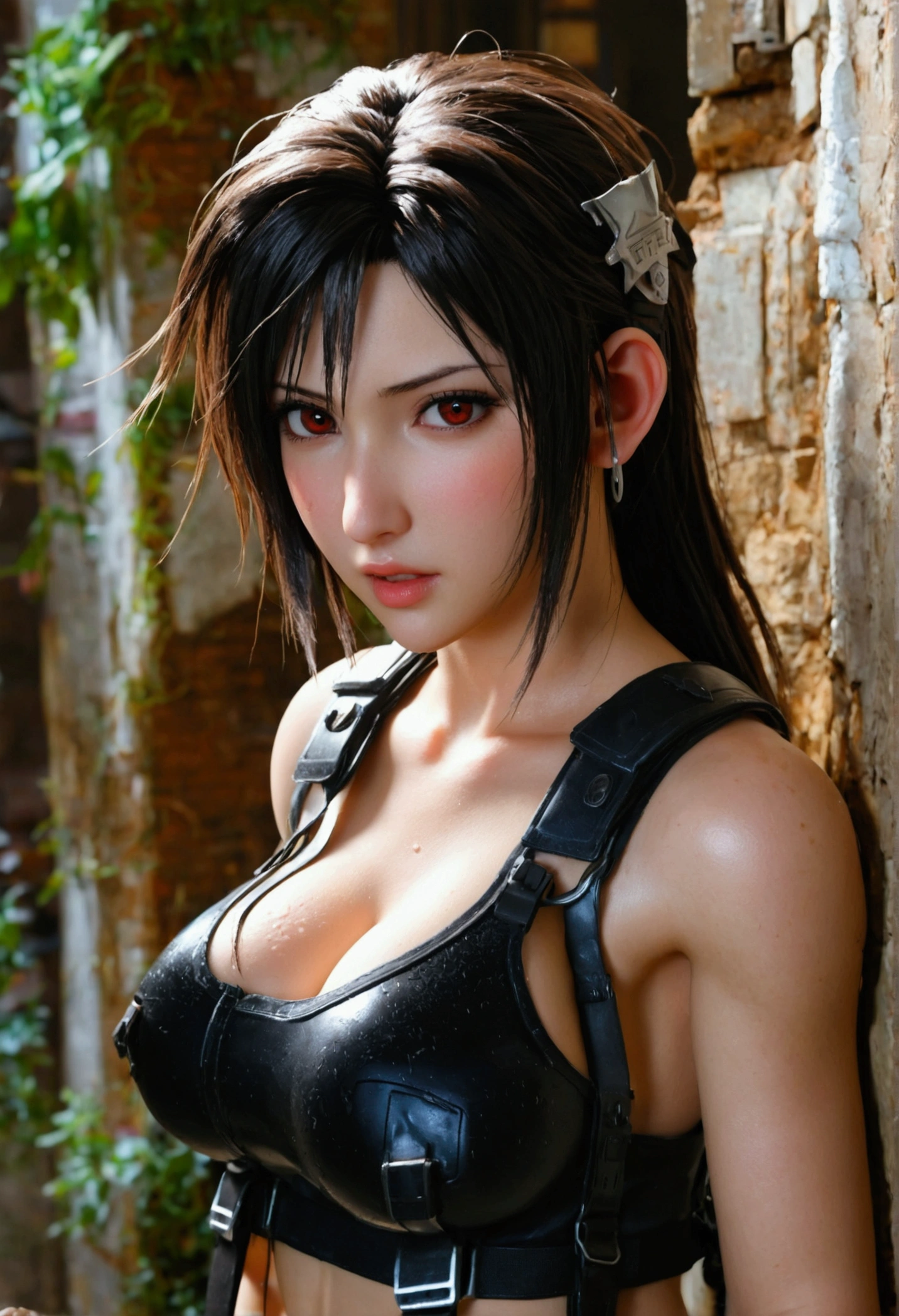 nsfw,(Top Quality, Masterpiece: 1.1), (realisitic:1.3), BREAK (((FF7,Tifa_lockhart))),Ultra-detailed face, Detailed RED eyes,black Brown Hair, (Large breasts: 1.2),(A dark, old ruins:1.3,wet,dark), BREAK (((FF7,Tifa_lockhart))),(Tifa_lockhart is police ,wearing police uniform:1.5,wearing police shirt:1.2,mini skirt,police cap:1.2),(No Bra) (No Panties) (Small and beautiful hard nipple), (shiny oiled skin: 1.1), about 18 years old, (face focus:1.0),strong will,sexy pose,hentai Tifa_lockhart:1.2,open legs,clothes are melting