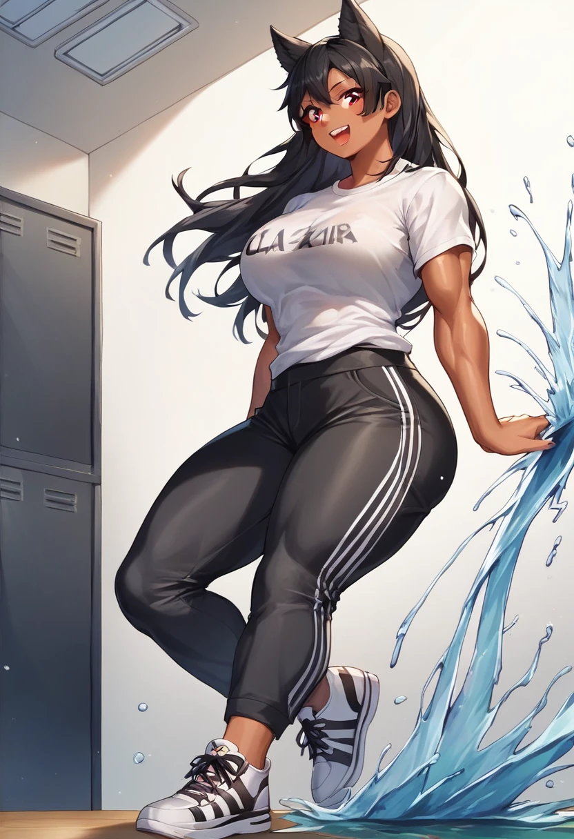 digital art drawing, illustration of (An Original Generic Character (OGC) with black hair styled in a disheveled manner, resembling the color of coal. Her long hair reaches her waist, framing it in a way that makes her appear slightly unkempt. The OGC has a noticeable curvy and muscular, adding a touch of character and intrigue to her appearance. The OGC is tall. The OGC has black wolf ears and a black wolf tail. The OGC has red eyes, giving her a splash of color. The OGC has brown skin because she is a black person. The OGC has a curvy body and is a bit muscular. She is dressed casually in a T-shirt and black pants, accessorized with a pair of worn sneakers.), anime drawing/art, bold linework, illustration, cel shaded, painterly style, digital art, best quality, masterpiece, 1girl, neat hands,
