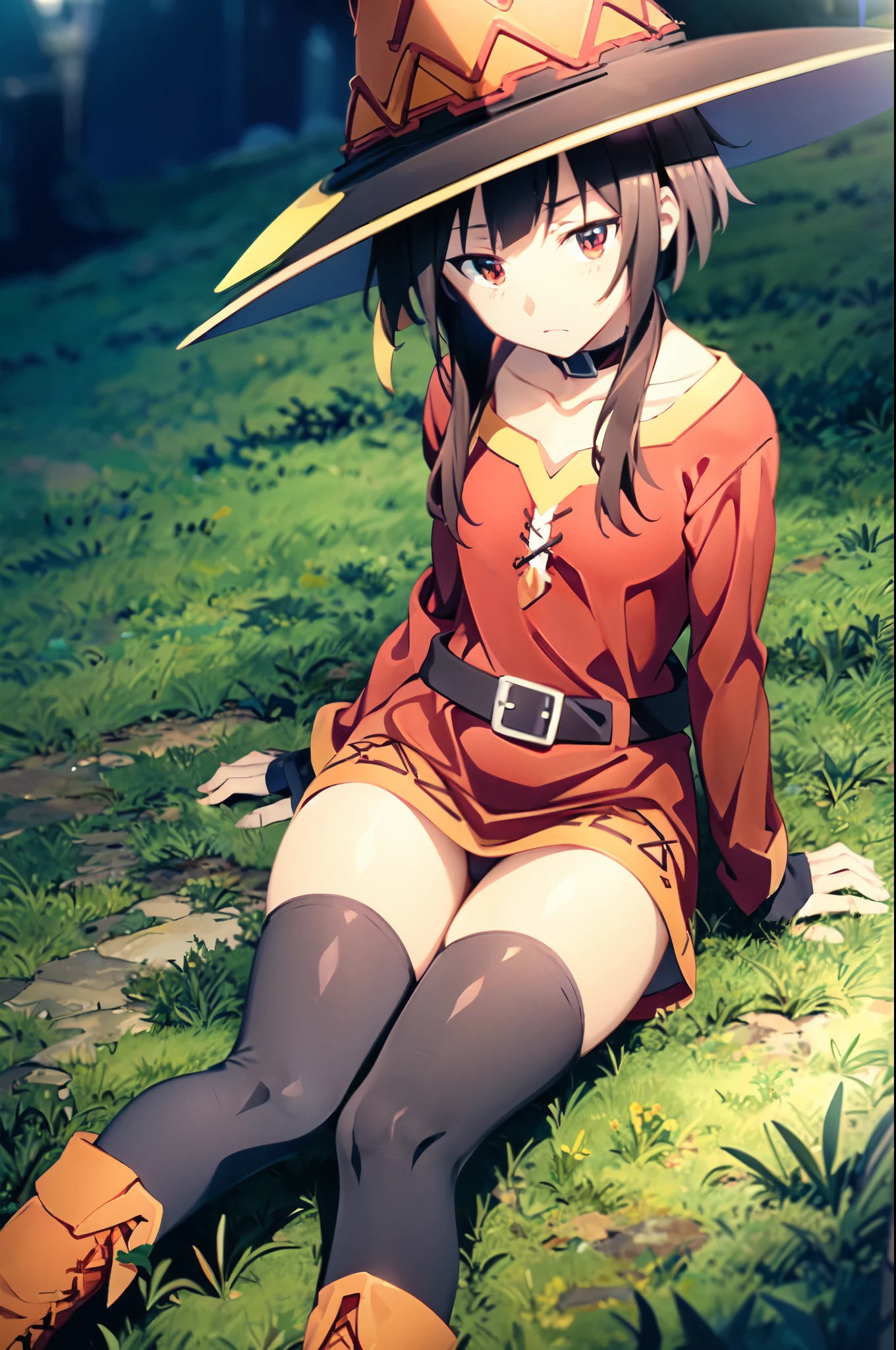 1girl,red eyes,short hair,brown hair,choker,collarbone,short hair with long locks,sidelocks,good hand,small breasts,witch hat,black thighhighs,red dress,black gloves,single thighhigh,belt,orange boots,asymmetrical legwear,bandaged leg,long sleeves,fingerless gloves,cowboy shot,low view,(masterpiece:1,2), best quality, masterpiece, highres, original, extremely detailed wallpaper, perfect lighting,(extremely detailed CG:1.2), (exhausted), ((collapse on the ground)), grass field, dusty clothes.