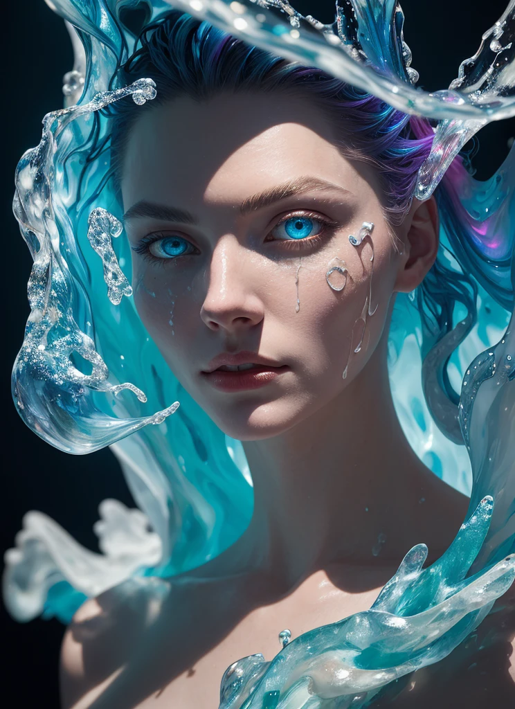 (masterpiece:1.3), (Highest quality:1.2), (Intricately detailed:1.2), (Surreal:1.2), (Professional photography:1.1), Very detailed, Absurd resolution, One girl, The fluid form of cosmic entities in the style of James Nares, Intense interplay of light and shadow, close up Portraiture, biomorphic Portraitureure, Abstract and unclear, Liquid Translucency, Bold Use of Negative Space, Flowing、solid, Clean Lines, Minimalism, (Dramatic lighting:1.1), Portraiture, Made of colorful pulled, stretched, splattered translucent liquid, Stained glass, Translucent iridescent bioluminescence, (Liquid Ice:1.2), (Fashion Photography:1.1)
