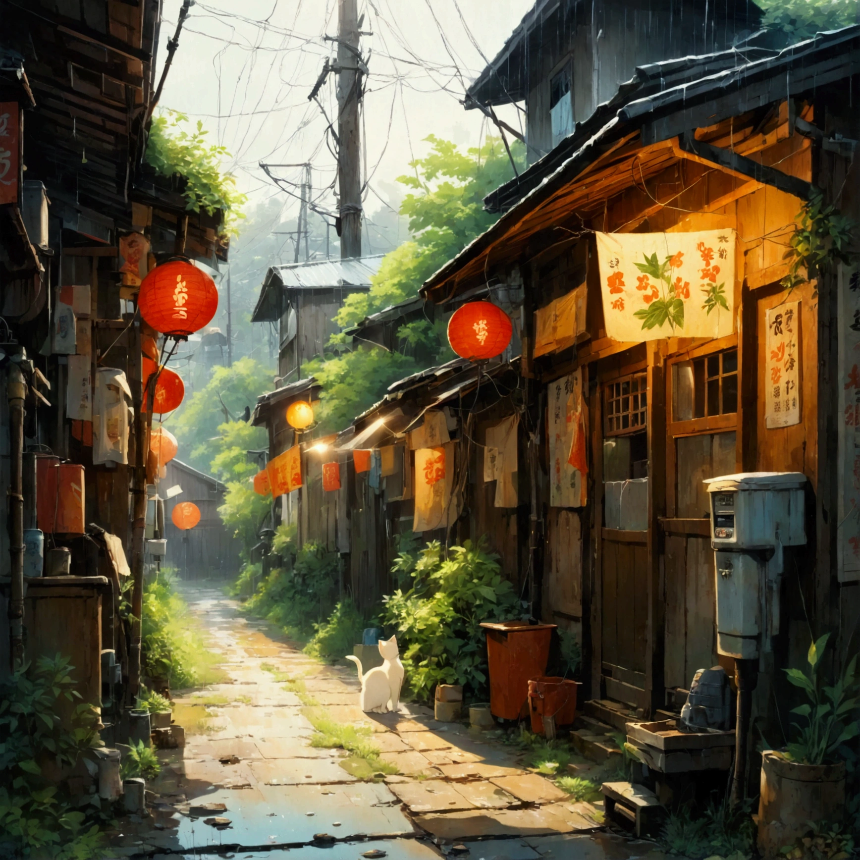 Narrow Alley, Unpaved ground, weed, old wooden house, Tin Roof, Rusty rain gutters, Laundry, Cat, dim, Quiet, Nostalgic, Showa Retro, Electric pole, 木のElectric pole, electric wire, Shop wall, faded poster, Movie Posters, Singer Poster, Nostalgia