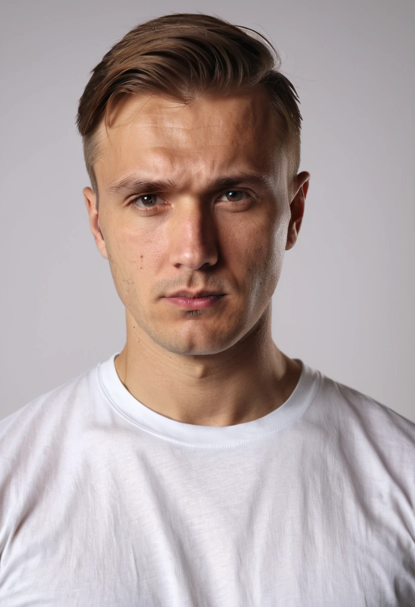 a serious-looking russian man with and Side part haircut, wearing a white t-shirt, closeup portrait, dramatic lighting, white background, gloomy, (best quality,8k,highres,masterpiece:1.2),ultra-detailed,(realistic,photorealistic,photo-realistic:1.37),HDR,studio lighting,vivid colors,superb quality,portrait,dramatic