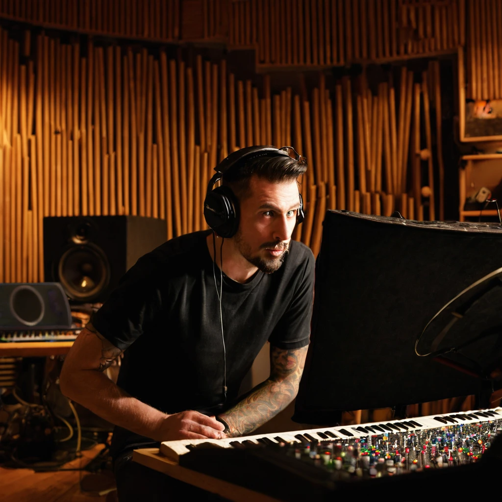 An artist, looking intrigued in music studio