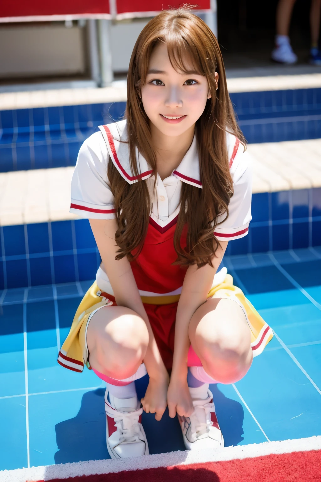1 woman, idol, long hair, brown hair, pool, 20 years old, chest by hand, squatting, cheerleader uniform