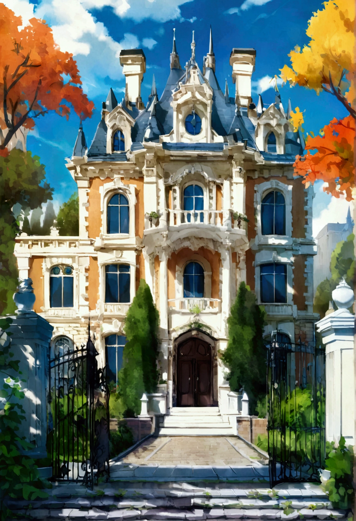 Victorian gothic mansion, entrada de uma mansion gótica, facade, mansion, era vitoriano, アニメ, scenario, scenario de アニメ 