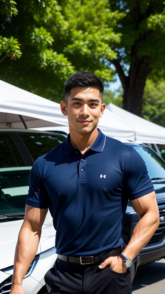 (Create a masterpiece: 1.2),(CGI art:1.3),(realistic:1.5),(After processing:1.3),(Sharp focus:1.3),10,1 man, smile, (Wear a dark blue polo shirt.), Navy cargo pants, Korean guy , korean men, (High gloss details), chest muscles, large arm muscles, blood vessel, Big muscles, Broad shoulders, looking at the audience, Balancing the eyes, In the middle of the road in the capital
