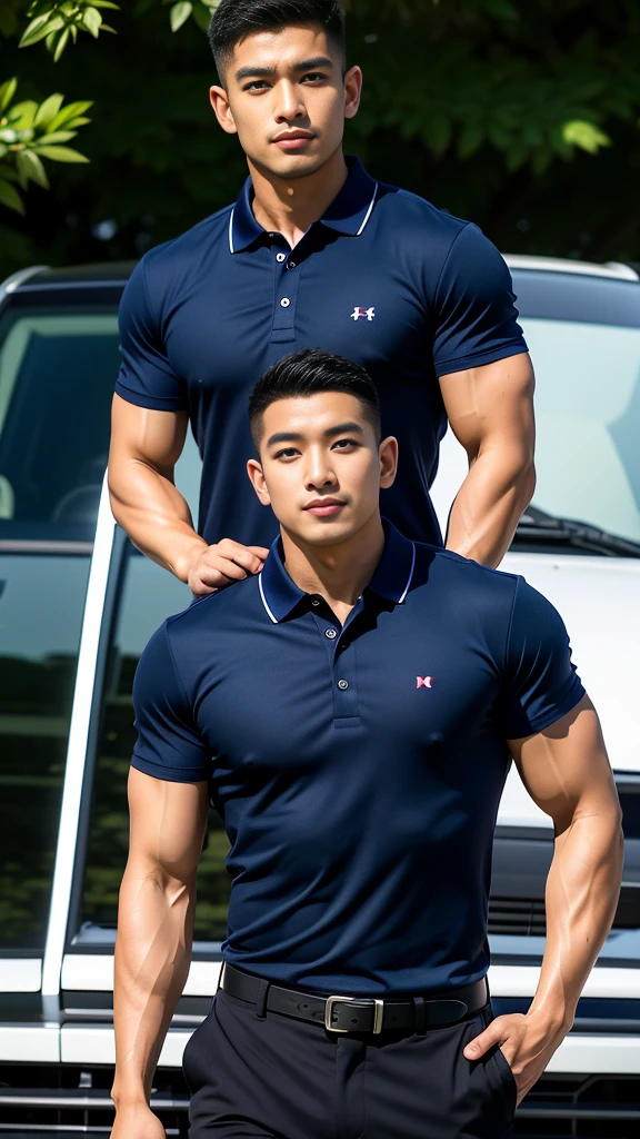 (Create a masterpiece: 1.2),(CGI art:1.3),(realistic:1.5),(After processing:1.3),(Sharp focus:1.3),10,1 man, smile, (Wear a dark blue polo shirt.), Navy cargo pants, Korean guy , korean men, (High gloss details), chest muscles, large arm muscles, blood vessel, Big muscles, Broad shoulders, looking at the audience, Balancing the eyes, In the middle of the road in the capital