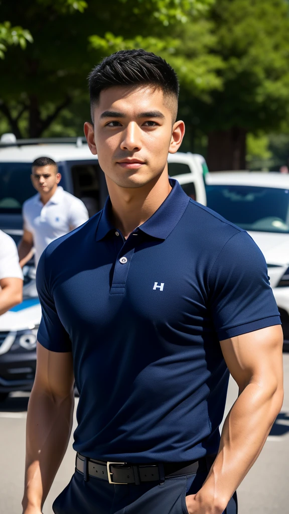 (Create a masterpiece: 1.2),(CGI art:1.3),(realistic:1.5),(After processing:1.3),(Sharp focus:1.3),10,1 man, smile, (Wear a dark blue polo shirt.), Navy cargo pants, Korean guy , korean men, (High gloss details), chest muscles, large arm muscles, blood vessel, Big muscles, Broad shoulders, looking at the audience, Balancing the eyes, In the middle of the road in the capital