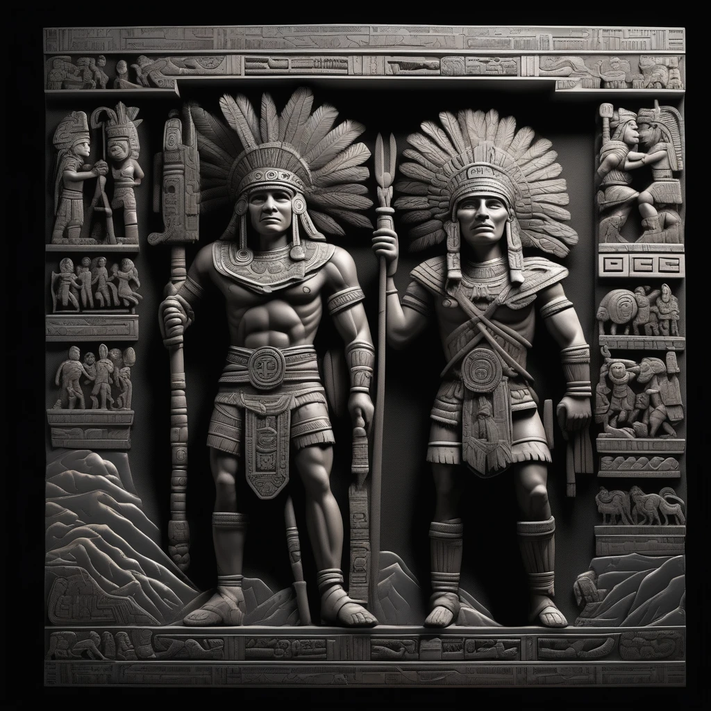 a detailed low relief sculpture of Inca and Aztec gods in the mountains, black background, cinematic lighting, intricate details, photorealistic