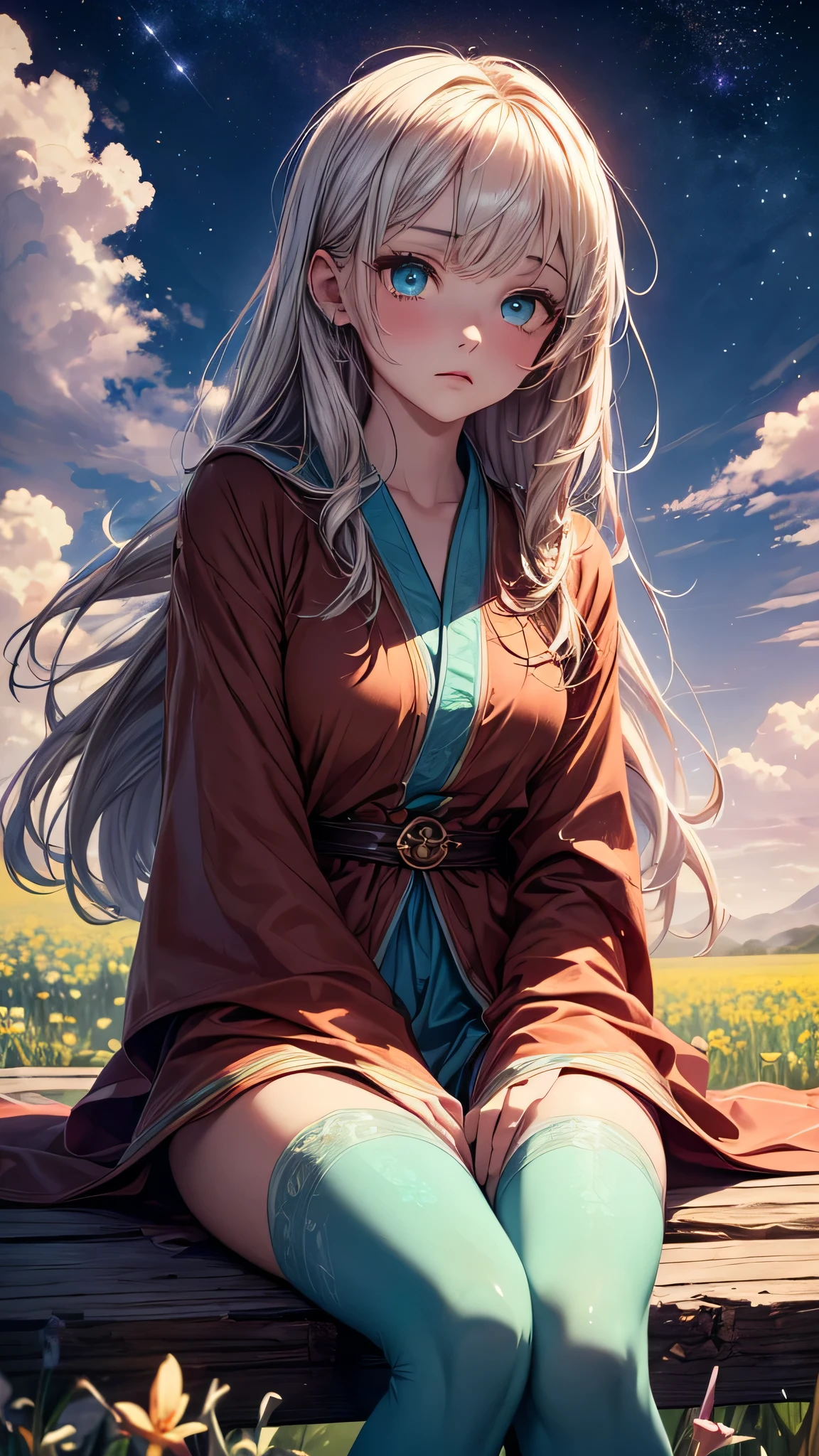 (Highest quality, masterpiece), Turquoise Screen Filter, (Very delicate and beautiful face), (Beautiful eyes in every detail),(One girl, alone, Brown robes, expression, look up, Sitting, Wide sleeves, Iris, Long Hair, Cowboy Shot), (sunny, Cosmos field, cloud),