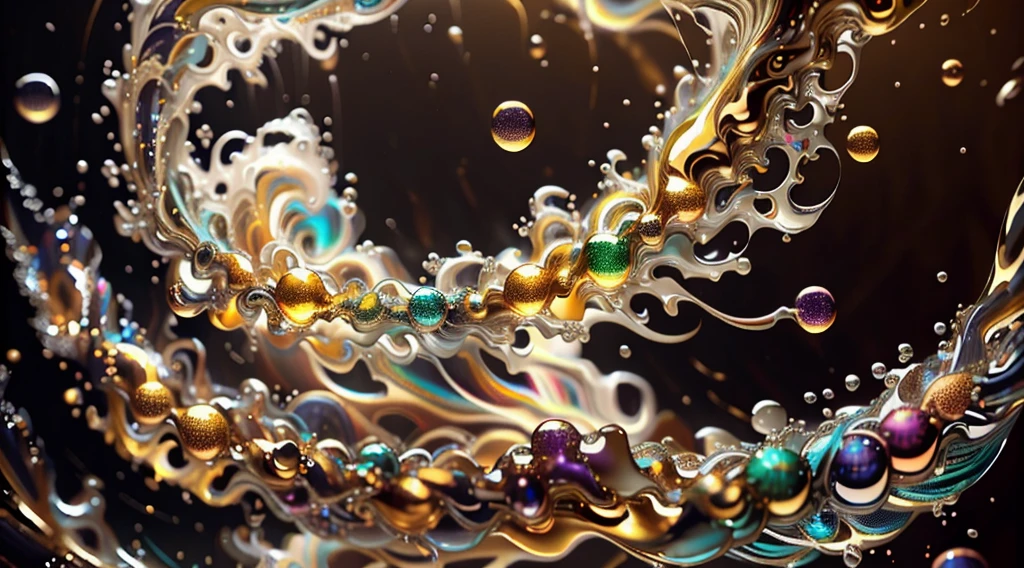 動く色とりどりの抽象的なartワーク.art:Alberto Severo. A close-up of jets and streams of molten precious metals colliding with each other. , Huge amount of colorful drops and gold metallic jets, payment, 水Silver銅, That bubble ,explode ,They swirl and flow、Takes up all the space, Golden metallic fluid cloud, Silver, Bright iridescent copper color,Rainbow bubbles, ,A vortex of rainbow-colored droplets spinning and escaping.Create compelling abstract artworks that focus on fluidity and movement。. Use a rich and varied color palette, Seamlessly blend tones to evoke a sense of continuous movement, Psychedelic fluid motion background. Fluid art in motion