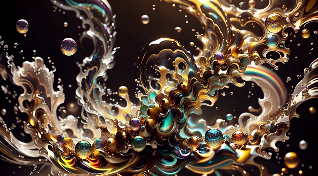 動く色とりどりの抽象的なartワーク.art：Alberto Severo. A close-up of jets and streams of molten precious metals colliding with each other. , Huge amount of colorful drops and gold metallic jets, payment, 水Silver銅, That bubble ,explode ,They swirl and flow、Takes up all the space, Golden metallic fluid cloud, Silver, Bright iridescent copper color,Rainbow bubbles, ,A vortex of rainbow-colored droplets spinning and escaping.Create compelling abstract artworks that focus on fluidity and movement。. Use a rich and varied color palette, Seamlessly blend tones to evoke a sense of continuous movement, Psychedelic fluid motion background. Fluid art in motion