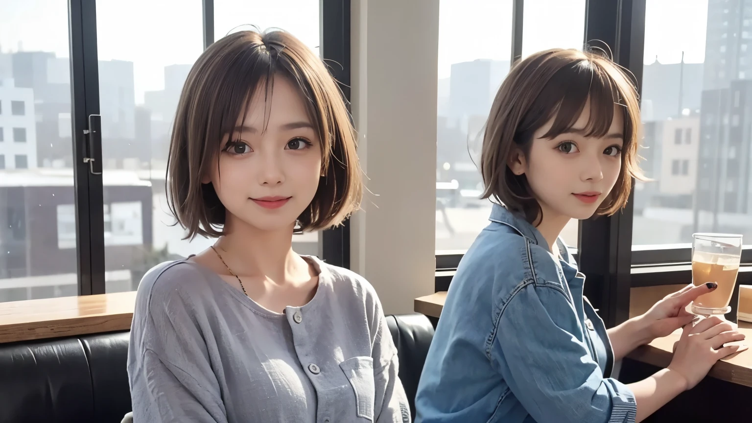super high quality, Slenderのネックレス, Slender, Gravure photoshoot, The staff is working at the counter in the back., (8K、RAW Photos、Highest quality、masterpiece:1.2), Japanese Idol, Stylish café, The cafe is crowded with people enjoying themselves., (Realistic、Photorealistic:1.37), Mesh Hair, Urban Cafe, Golden Ratio, Raw photo, Cute face , Light Brown Hair, Small breasts, Bright cafe interior, Blurred Background, Summer clothes, Cafe Terrace, Open Cafe, A kind smile, Hair blowing in the wind, Denim shirt, boyish, Very Short Hair, 18-year-old, younger sister, Stylish clothes,