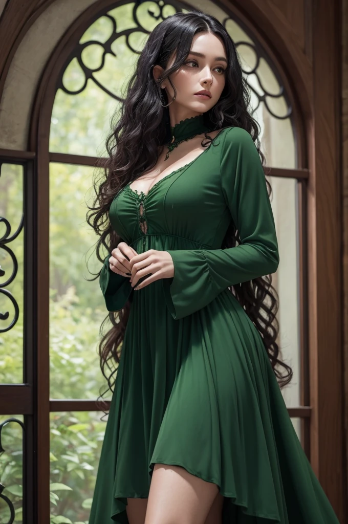 a woman in a long-sleeved green dress with long black curly hair and a witch&#39;s hat on a forest background