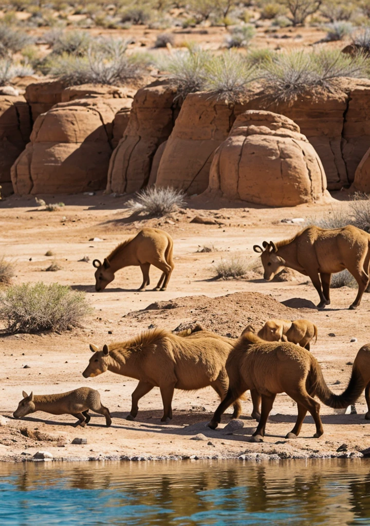 Animals gathering around a desert oasis.