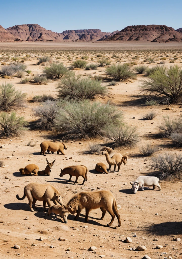 Animals gathering around a desert oasis.