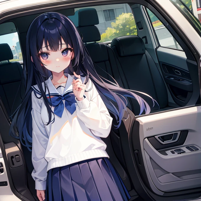 Long navy hair，Pleated skirt，Fufu has a very cute face，It's a cute girl，in the car